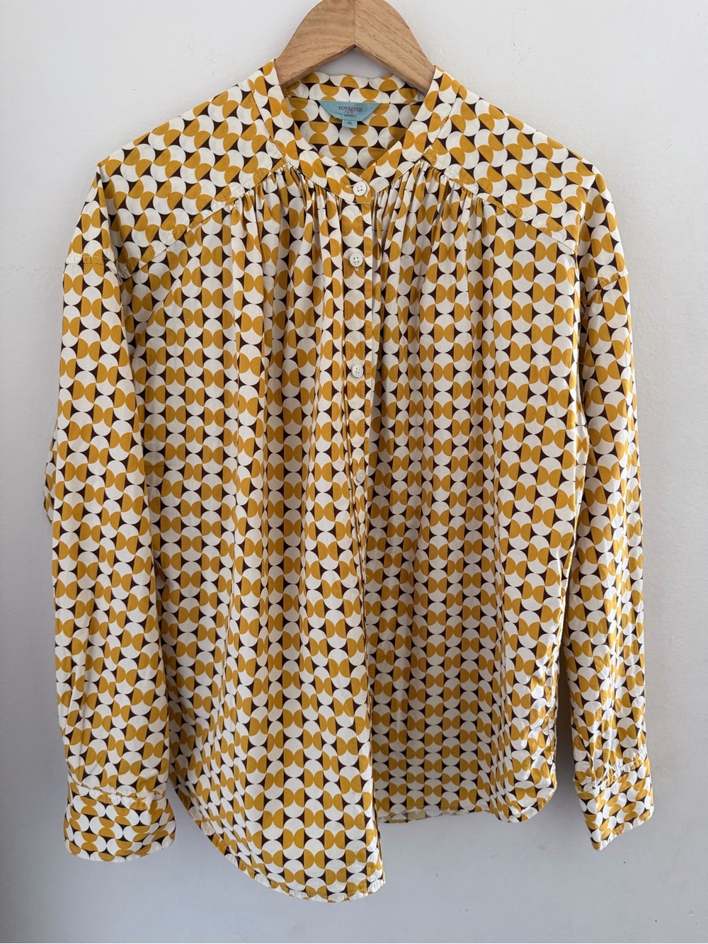 Voyageur by MERSEA Cotton Geometric Tile Print Button Front Blouse XL Mustard